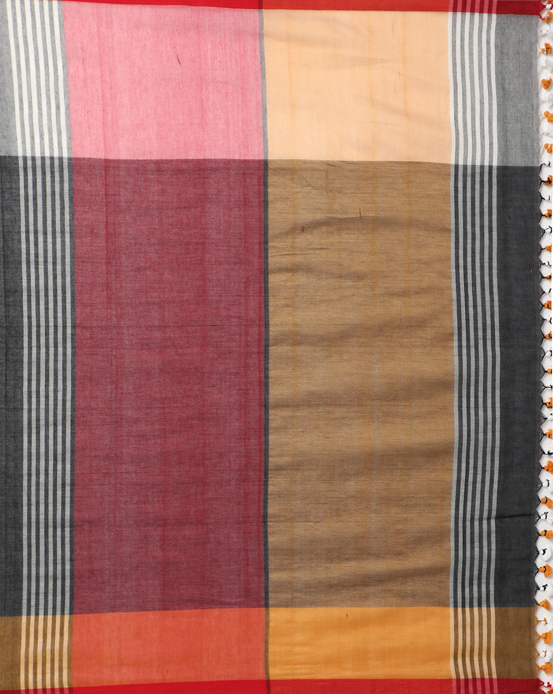 Handloom Colour block Cotton Saree with pompoms | SHOBITAM