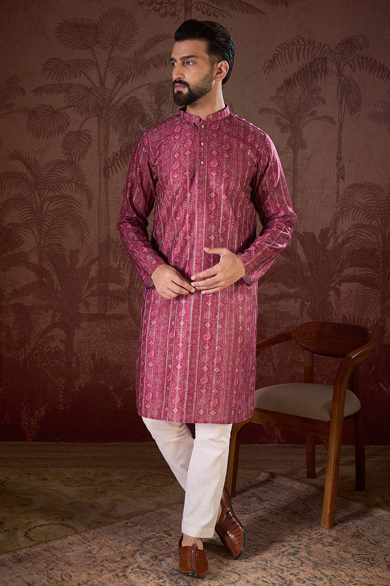 Maroon Silk Blend Ethnic Motifs Printed Straight Kurta With Trouser | SHOBITAM