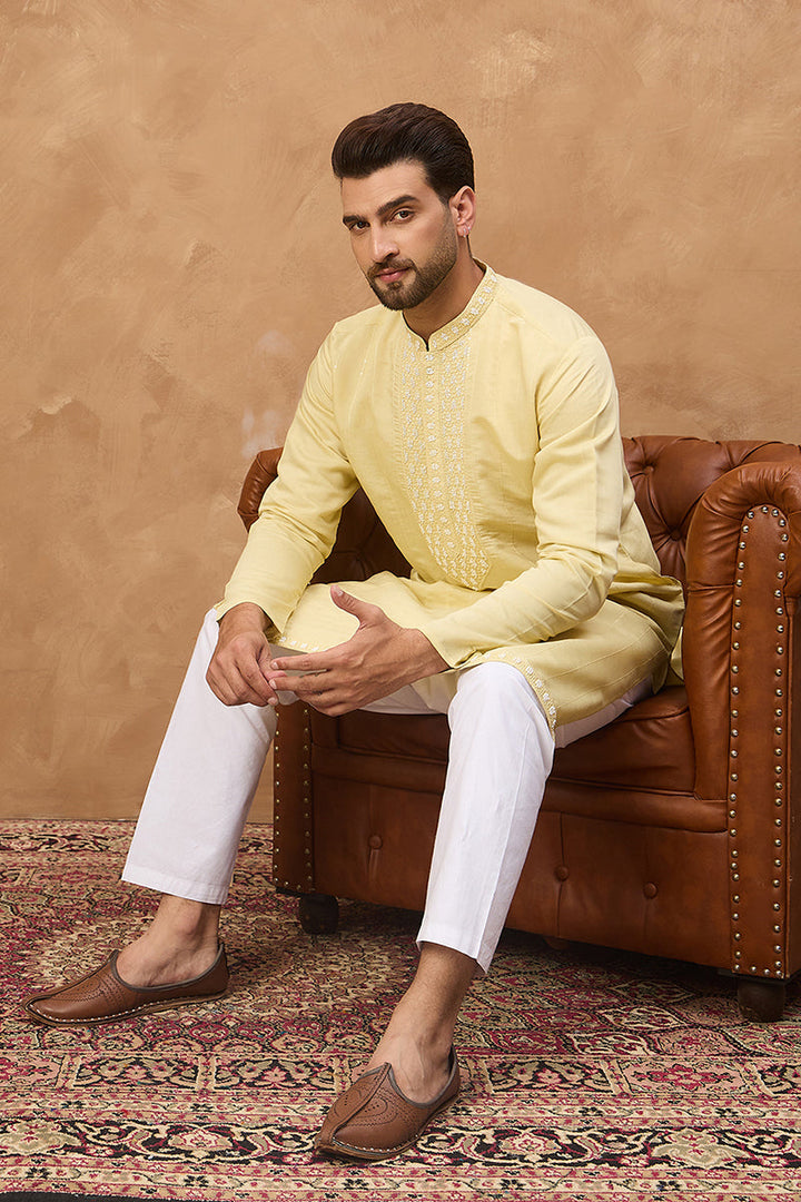 Yellow Silk Blend Solid Embroidered Straight Kurta  | SHOBITAM