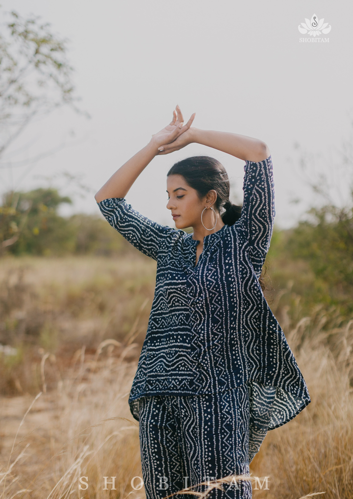 Co-ord set in Navy Blue with Bandhni Print on Rayon Cotton | Made To Order