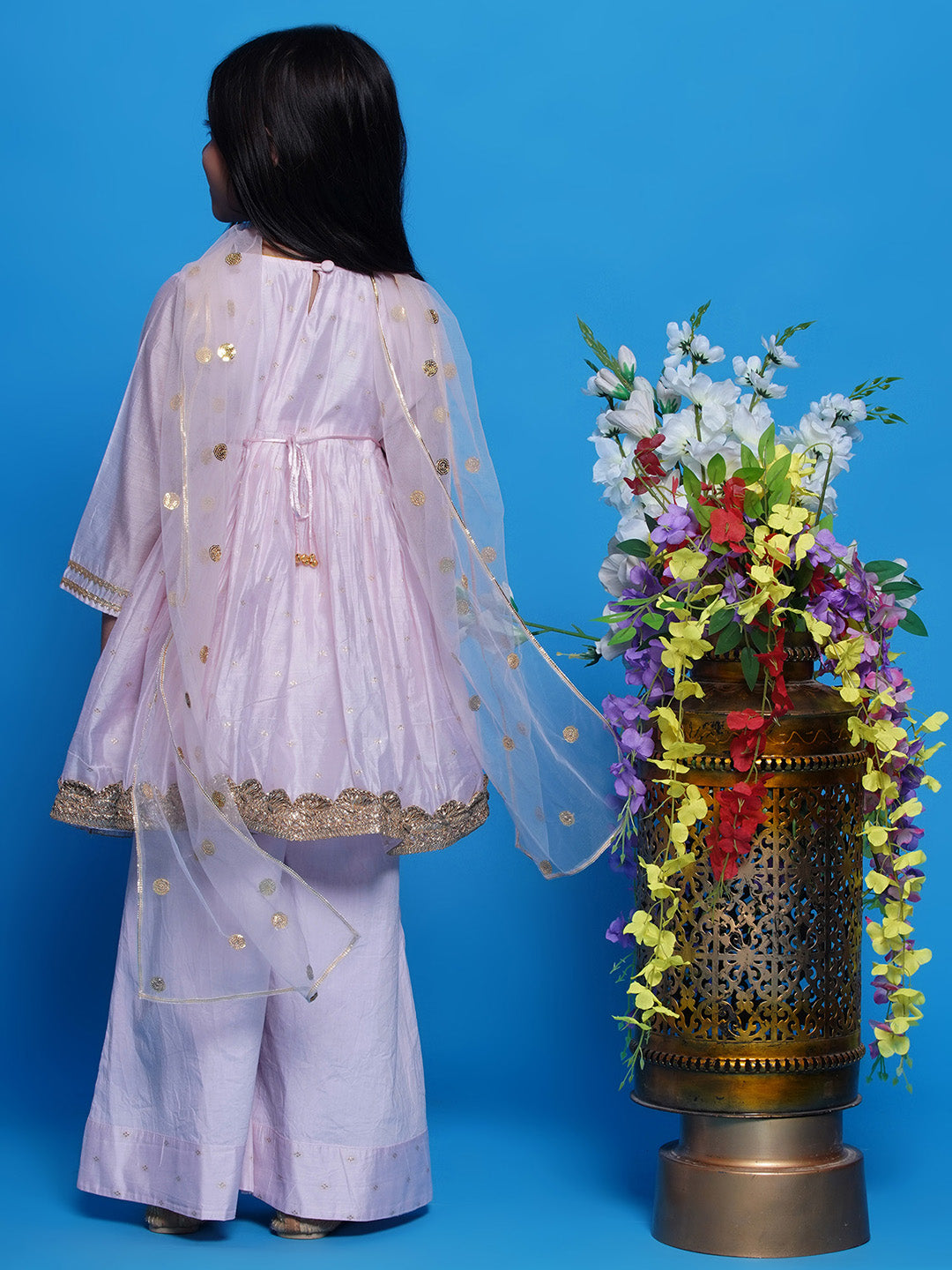 Girls Chanderi Cotton Three Fourth Sleeves Kurta Frock with Plazzo and Dupatta with Boota, Lace & Tussel work - Baby Pink | SHOBITAM
