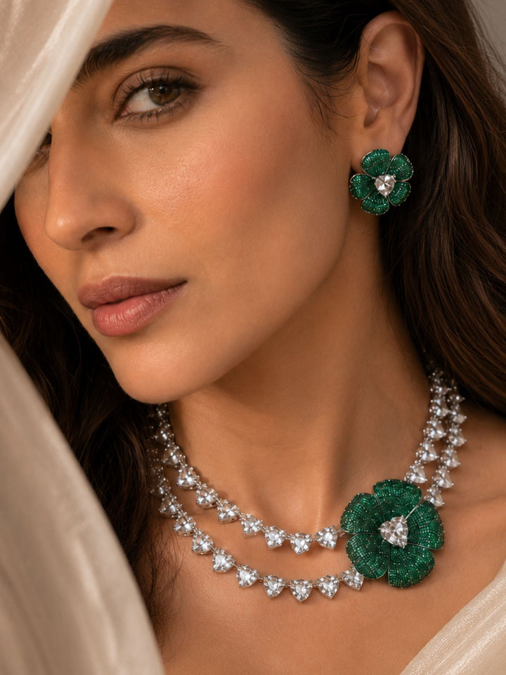 Emerald Bloom Floral Necklace Set with Crystal Petal Drops | SHOBITAM