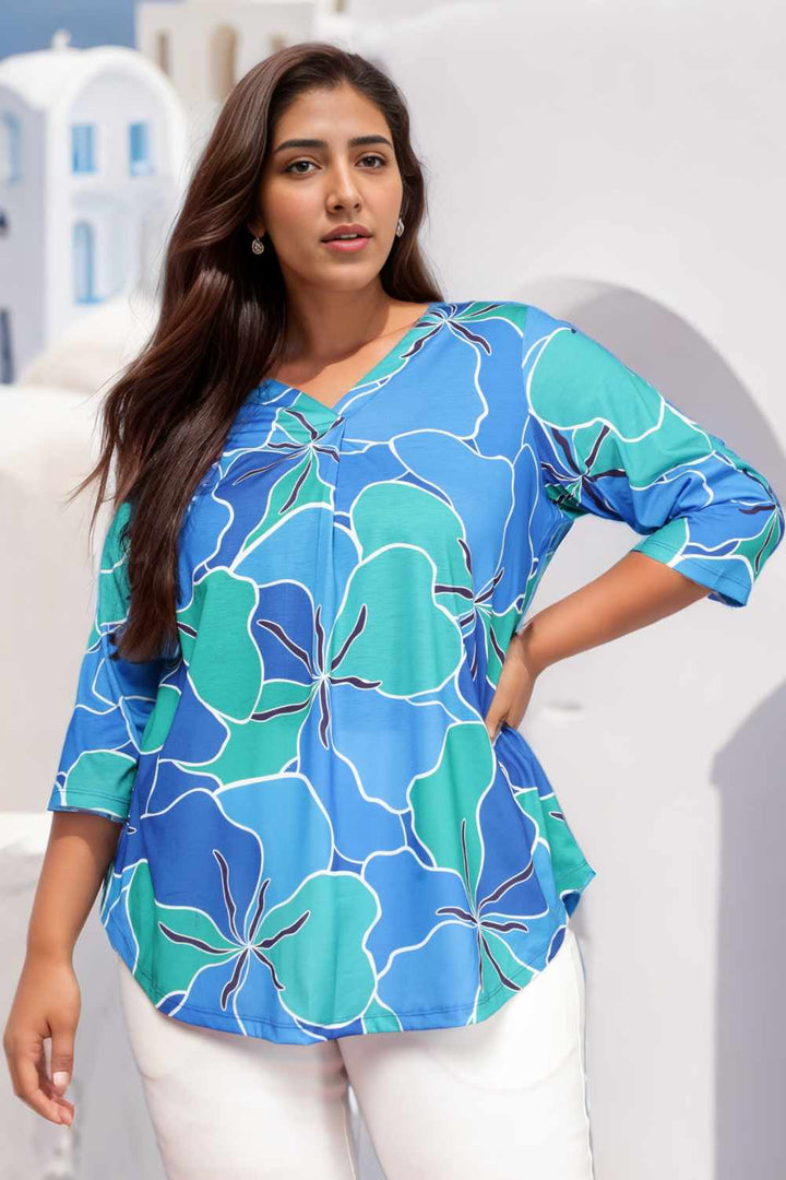 Plus Size Blue Green Abstract Center Pleat Top in Soft knitted fabric | Made to Order