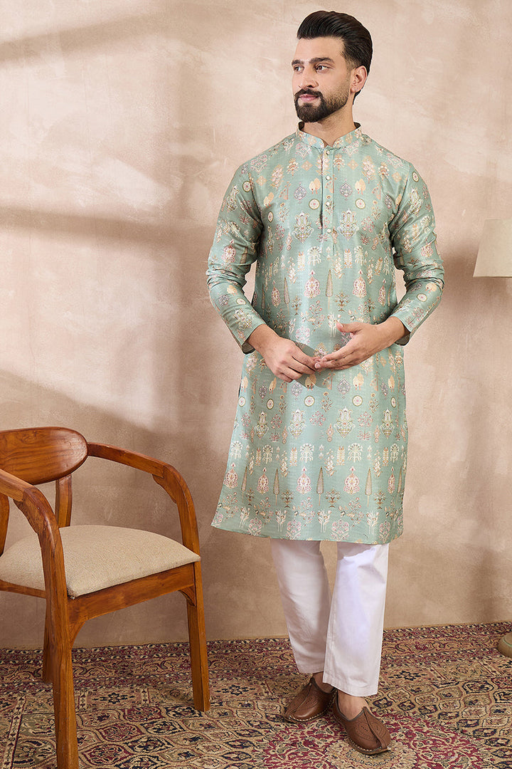 Green Silk Blend Floral Printed Straight Kurta For Men | SHOBITAM