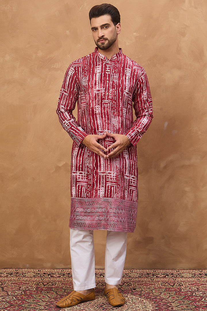 Red Viscose Rayon Batik Embroidered Straight Kurta | SHOBITAM
