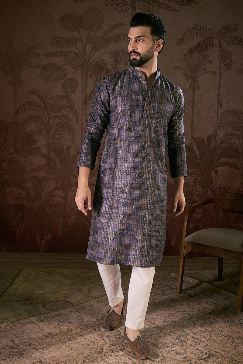 Violet Silk Blend Abstract Printed Straight Kurta For Men | SHOBITAM