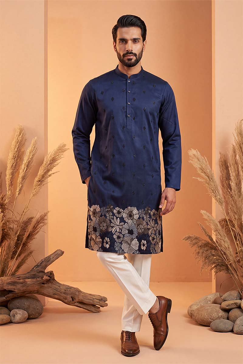 Mens Blue Silk Blend Solid Embroidered Kurta With Trousers | SHOBITAM