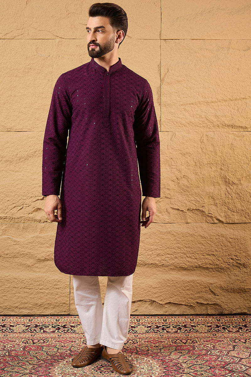 Purple Viscose Rayon Solid Embroidered Straight Kurta | SHOBITAM