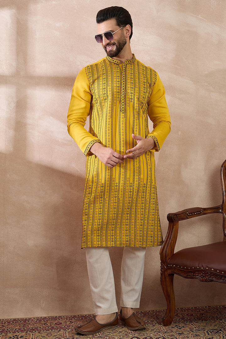 Yellow Silk Blend Embroidered Mandarin Collar Straight Kurta With Trouser | SHOBITAM