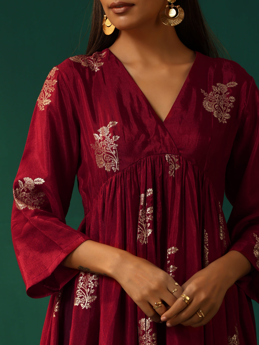 Maroon Floral Viscose Silk Kurta Pant Set  | SHOBITAM