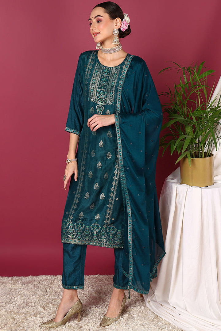 Teal Silk Blend Ethnic Motifs Woven Design Straight Suit Set | SHOBITAM