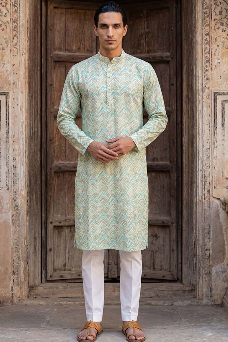 Green Linen Printed Straight Kurta  | SHOBITAM