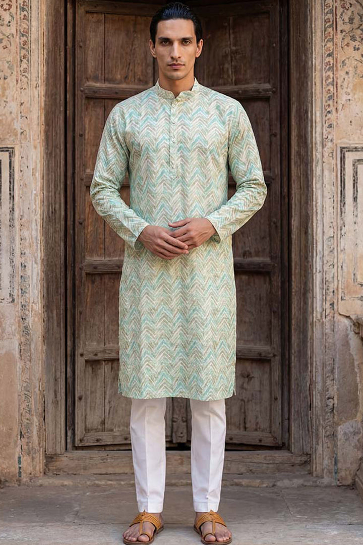 Green Linen Printed Straight Kurta  | SHOBITAM