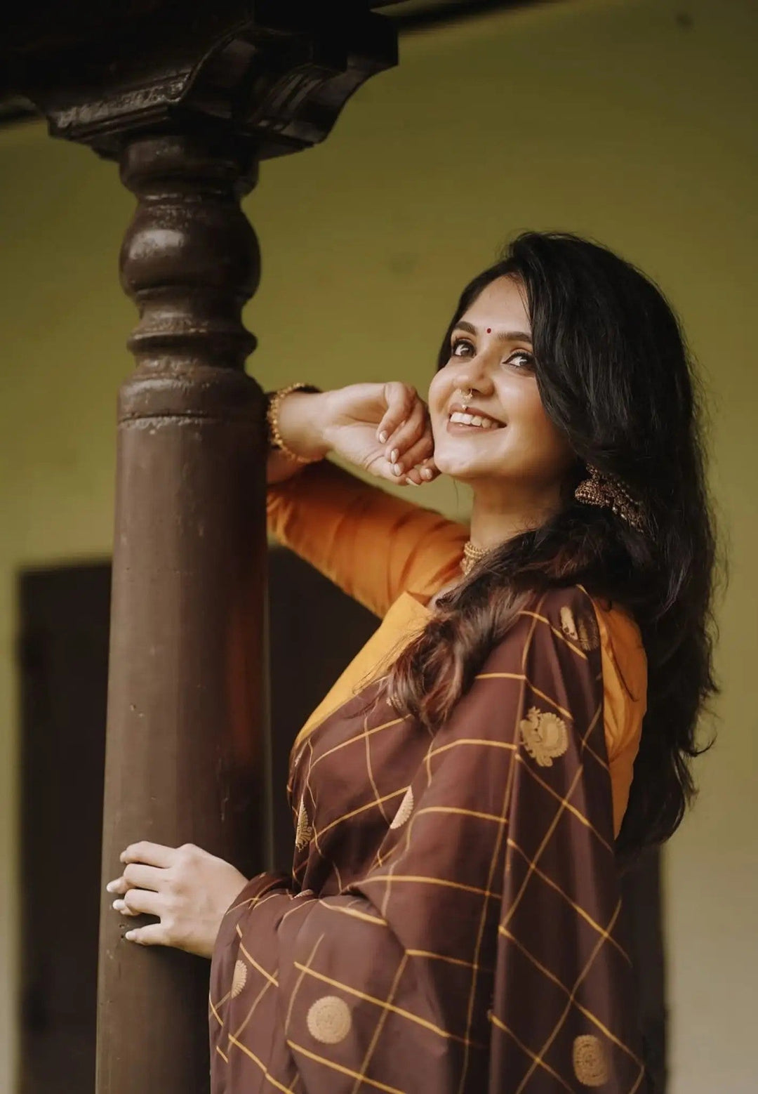 Preorder : Coffee brown Art Silk Saree with rudraksham mayil kattam body | SHOBITAM