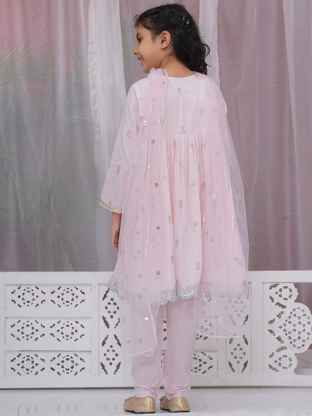 Girls Cotton Three Fourth Sleeves Angrakha Kurta with Pyjami and Net Dupatta with Floral Zari Work - Pink