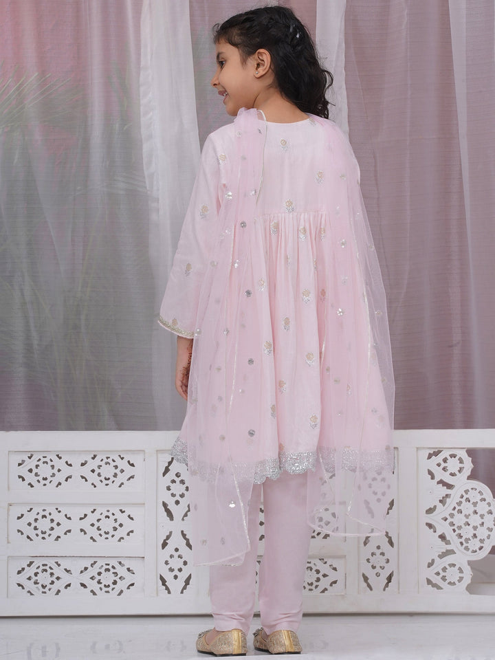 Girls Cotton Three Fourth Sleeves Angrakha Kurta with Pyjami and Net Dupatta with Floral Zari Work - Pink