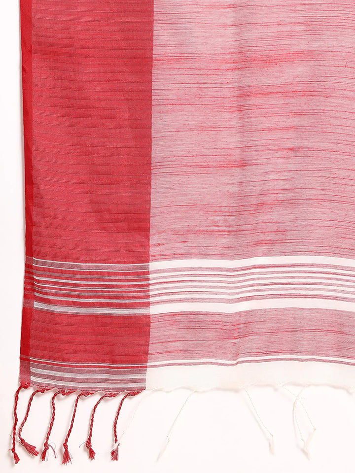 White-Red Silk Cotton Saree with Temple Border and Blouse piece
