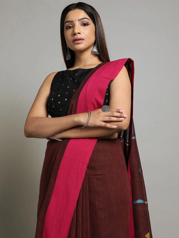 Brown Handloom Jamdani Cotton Saree With Blouse Piece