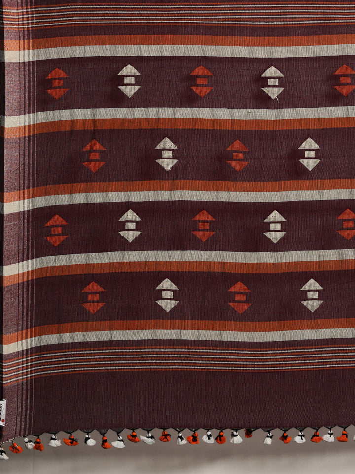 Brown Orange Jamdani Cotton Saree with blouse piece | SHOBITAM