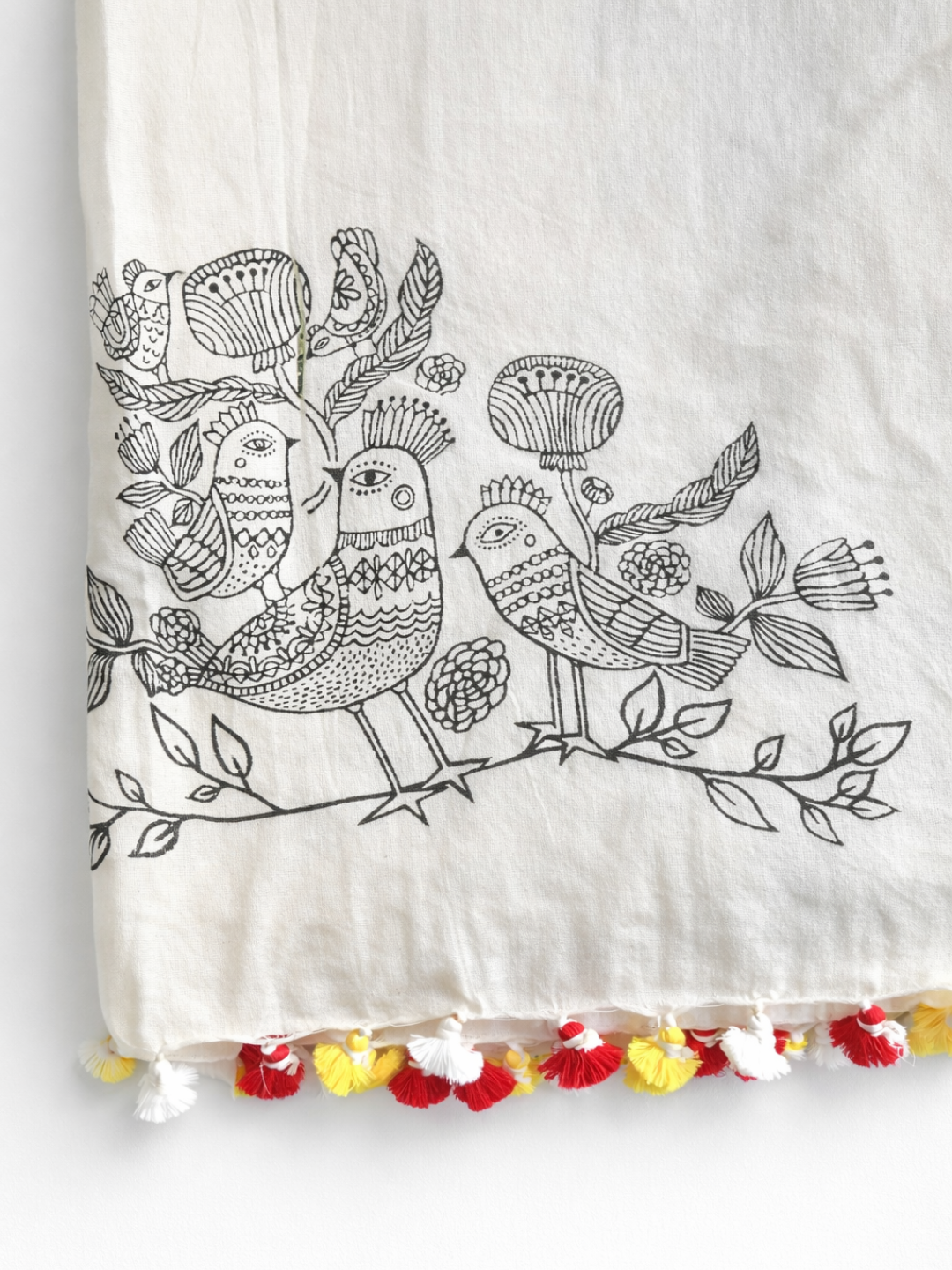 Handloom Cream Black Bird Print Saree | SHOBITAM