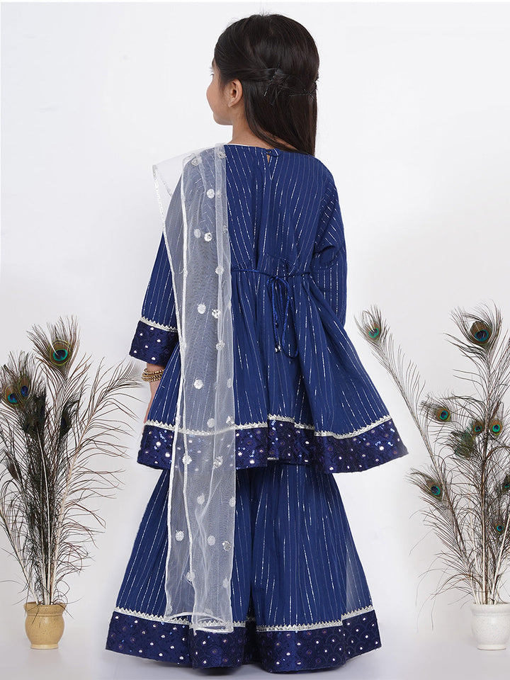 Girls Mirror work Kurta frock with Sharara and Dupatta in Blue and White | SHOBITAM