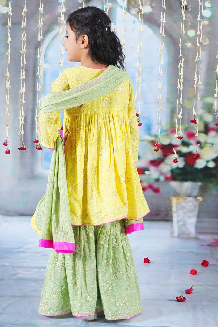 Girls Floral Embrodiery Angrakha Kurta with Sharara, Dupatta and Hand made Potli with Ghungroo work Tassel | SHOBITAM