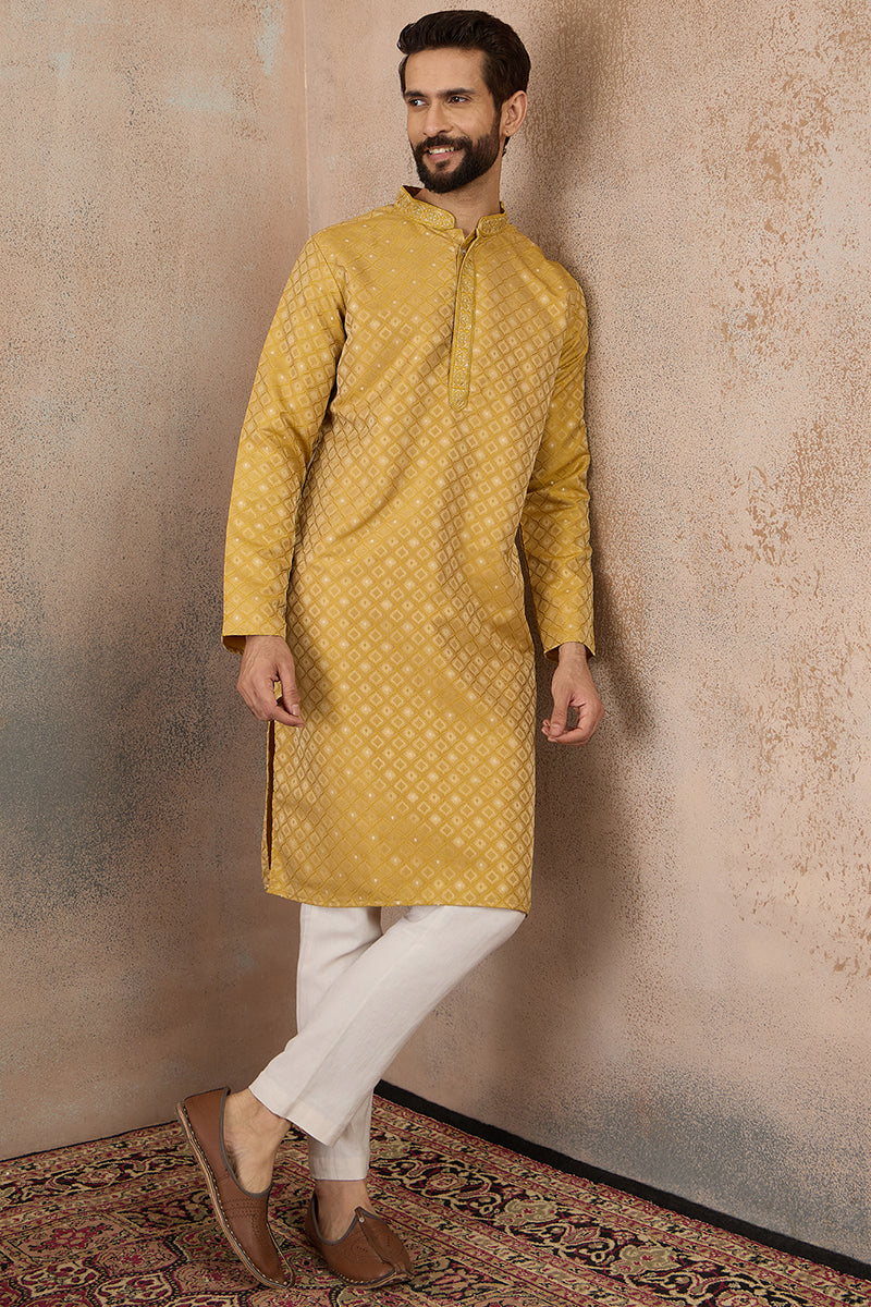 Mens Yellow Jacquard Ethnic Motifs Embroidered Kurta  | SHOBITAM