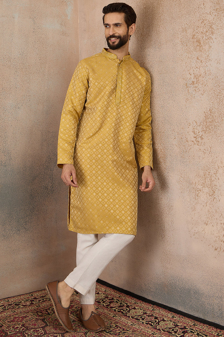 Mens Yellow Jacquard Ethnic Motifs Embroidered Kurta  | SHOBITAM