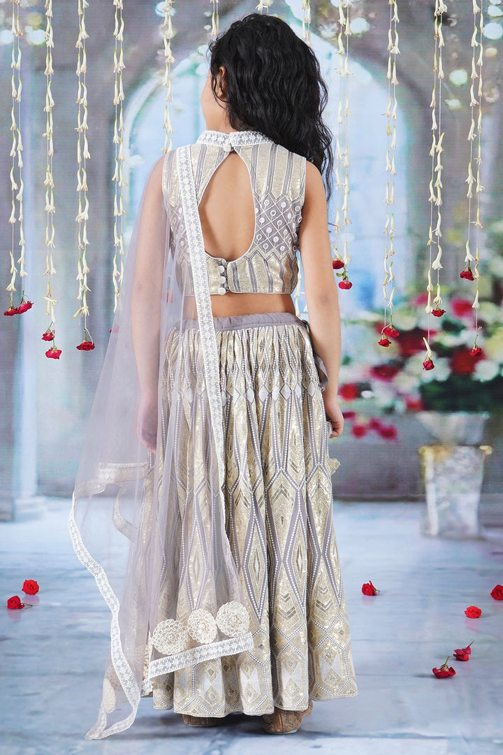 Girls Ivory and Golden Thread work Lehenga with Sequence work Blouse and Lacework Dupatta | SHOBITAM
