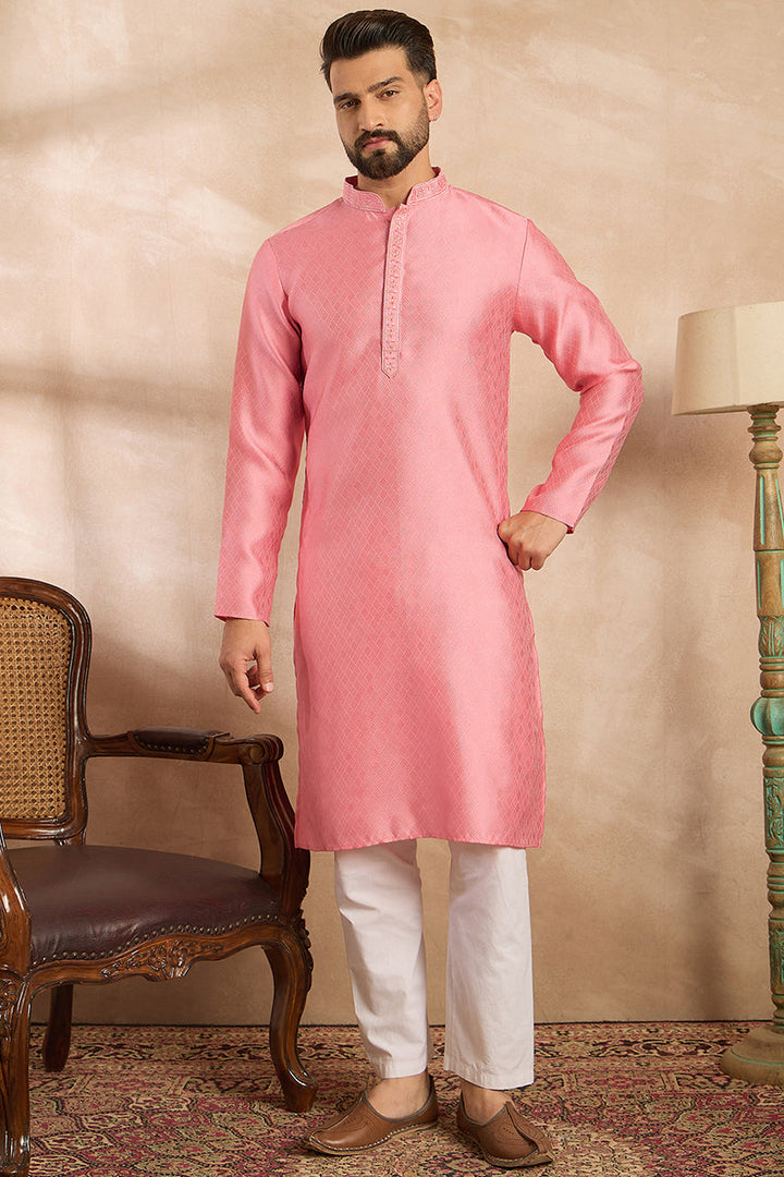 Pink Polyester Solid Embroidered Straight Kurta With Trouser | SHOBITAM