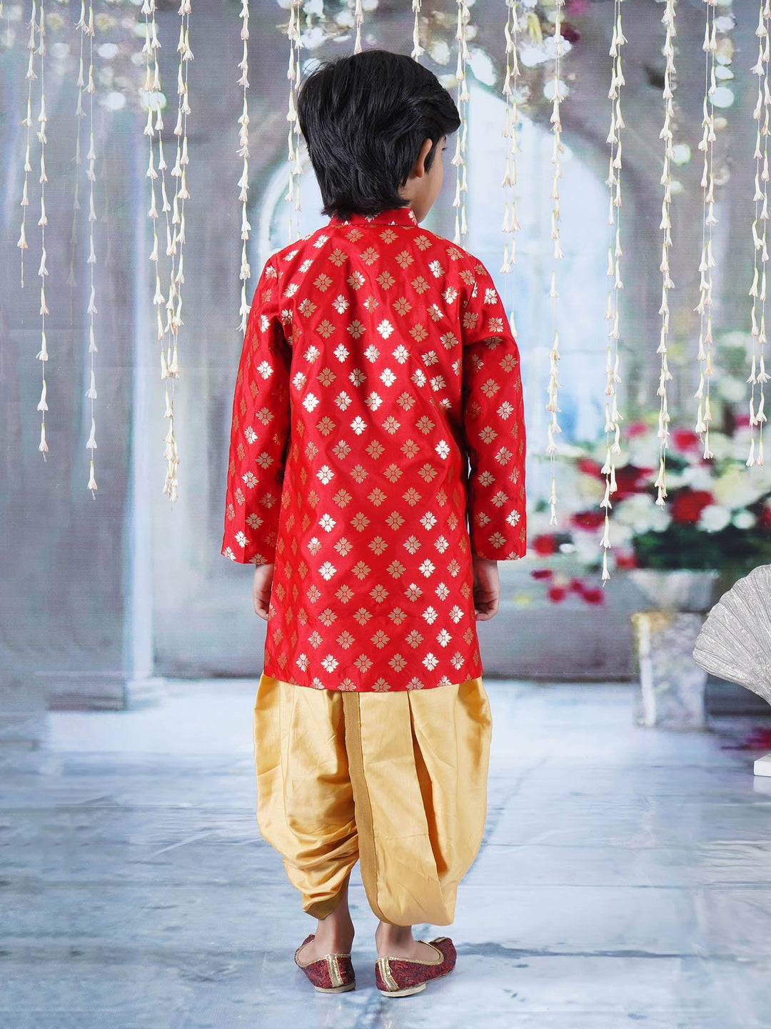 Boys Floral Embrodiery Sherwani with Dhoti -Red & Golden | SHOBITAM