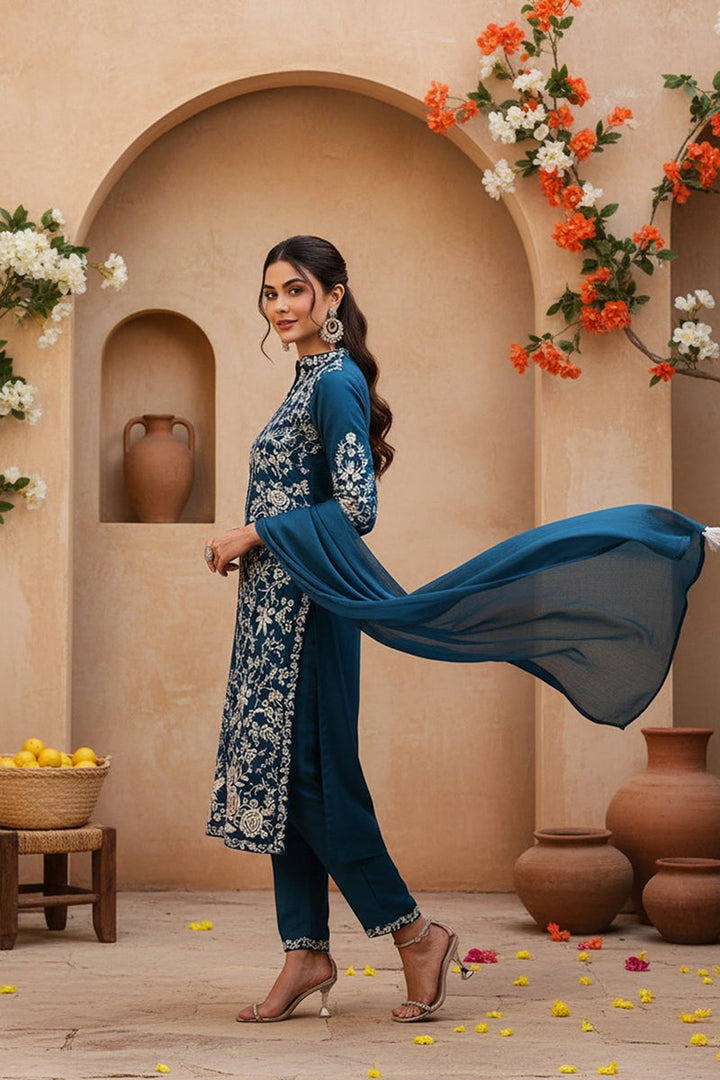 Teal Blue Silk Blend Solid Embroidered Straight Suit Set  | SHOBITAM