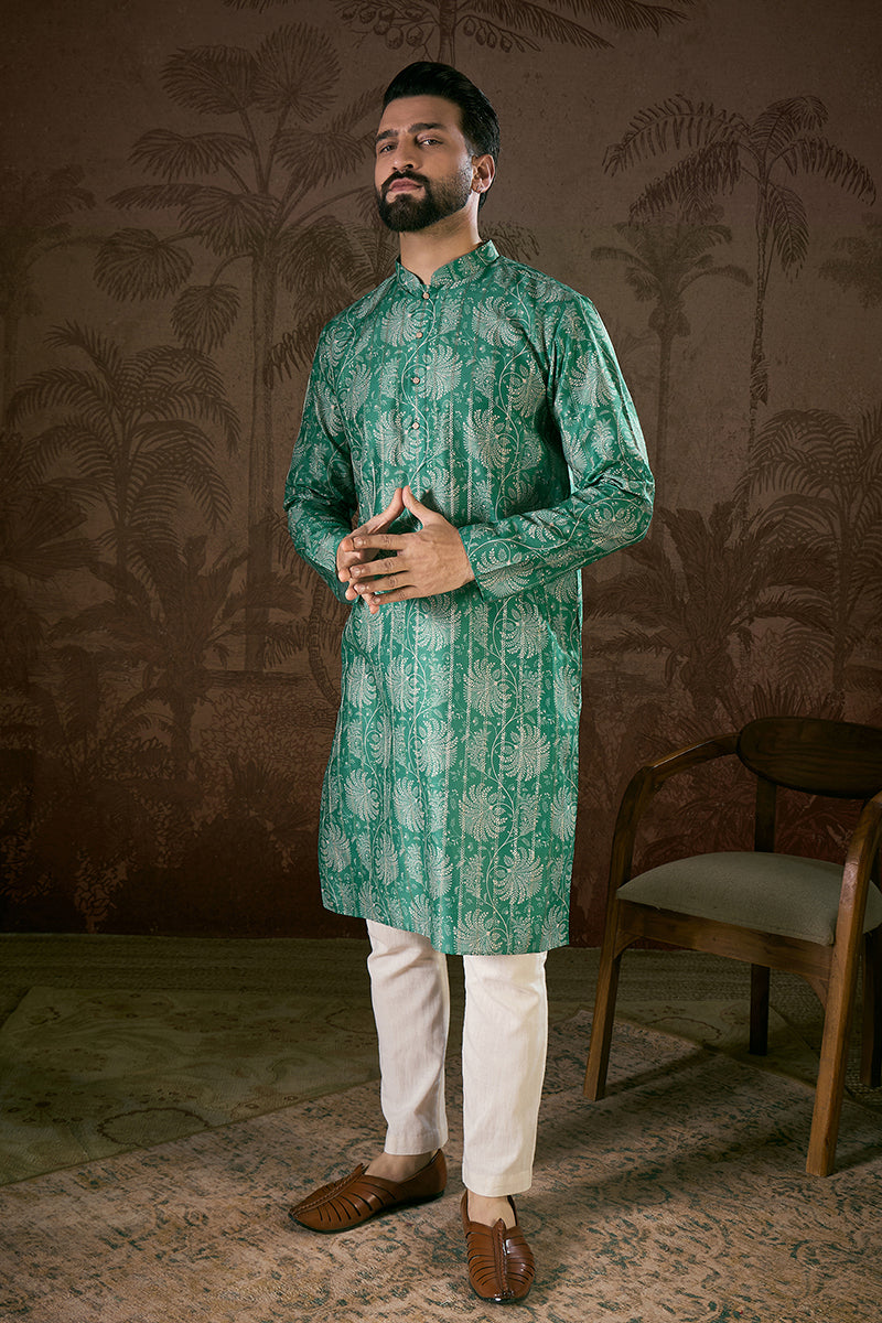 Teal Silk Blend Floral Printed Straight Kurta For Men | SHOBITAM