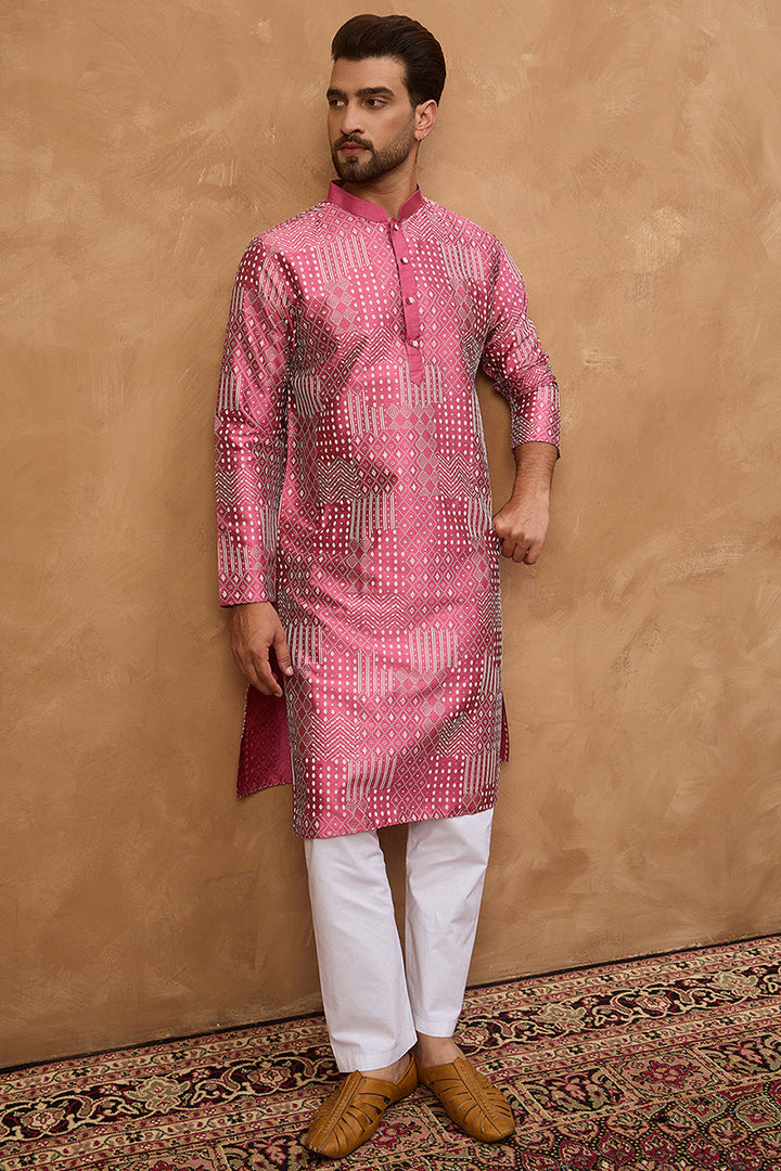 Pink Silk Blend Geometric Printed Straight Kurta  | SHOBITAM
