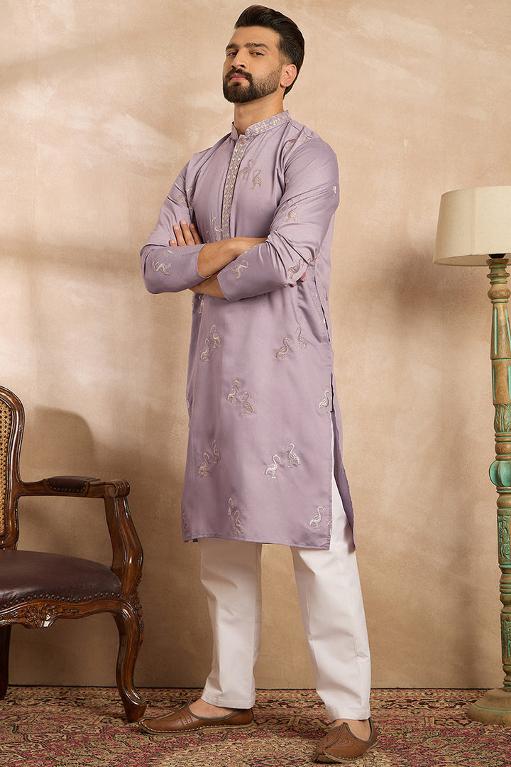 Lavender Silk Blend Solid Embroidered Straight Kurta With Trouser | SHOBITAM