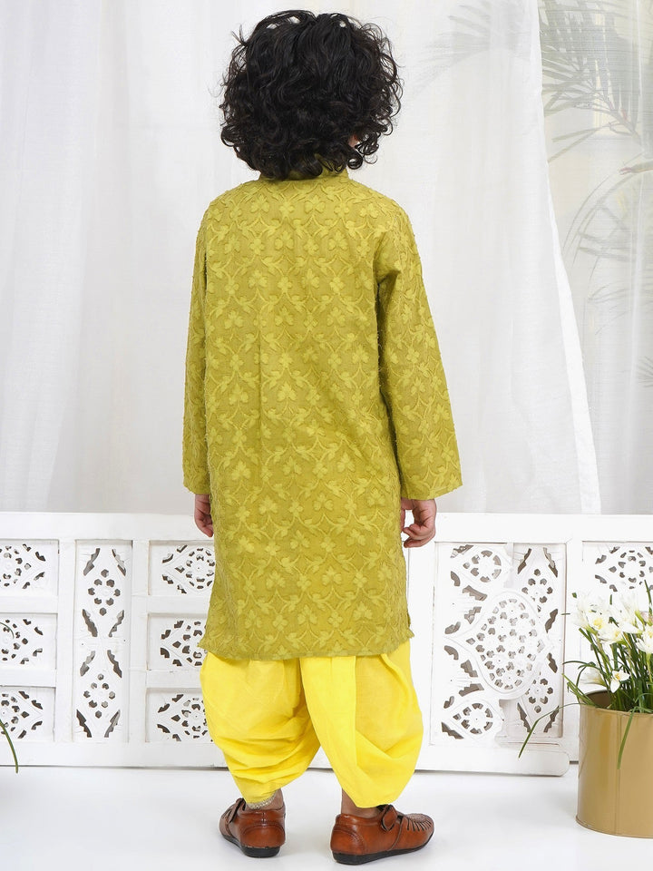 Boys Cotton Full Sleeves Self Weaving Kurta with Dhoti and Pearl Buttons - Green | SHOBITAM