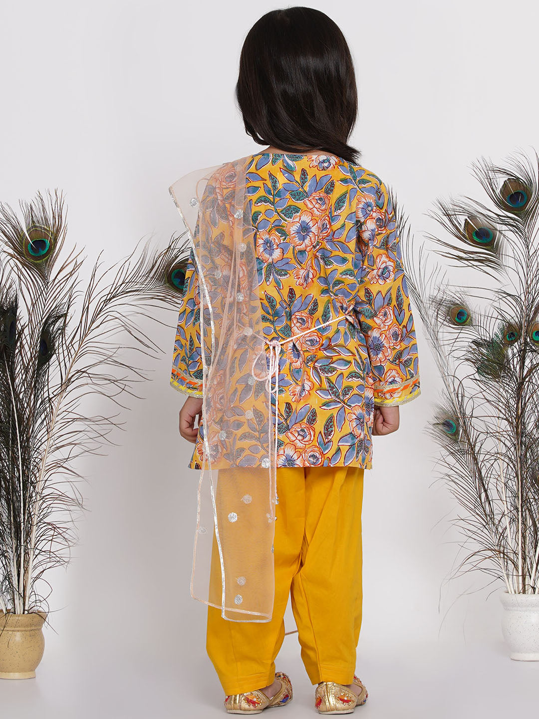 Girls Punjabi Floral work Kurta with Salwar & Dupatta in yellow | SHOBITAM