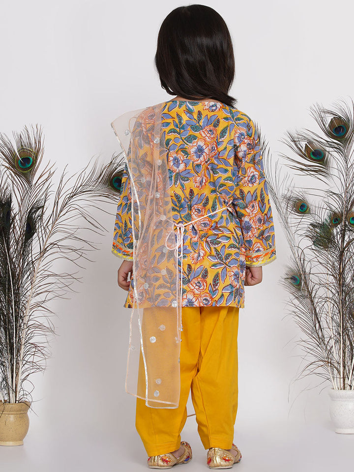 Girls Punjabi Floral work Kurta with Salwar & Dupatta in yellow | SHOBITAM