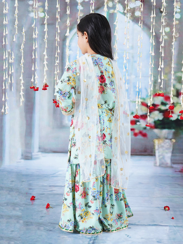 Girls Cotton Full Sleeves Kurta Sharara and Dupatta with Rose Floral Print, Lace & Floral Work - Green | SHOBITAM