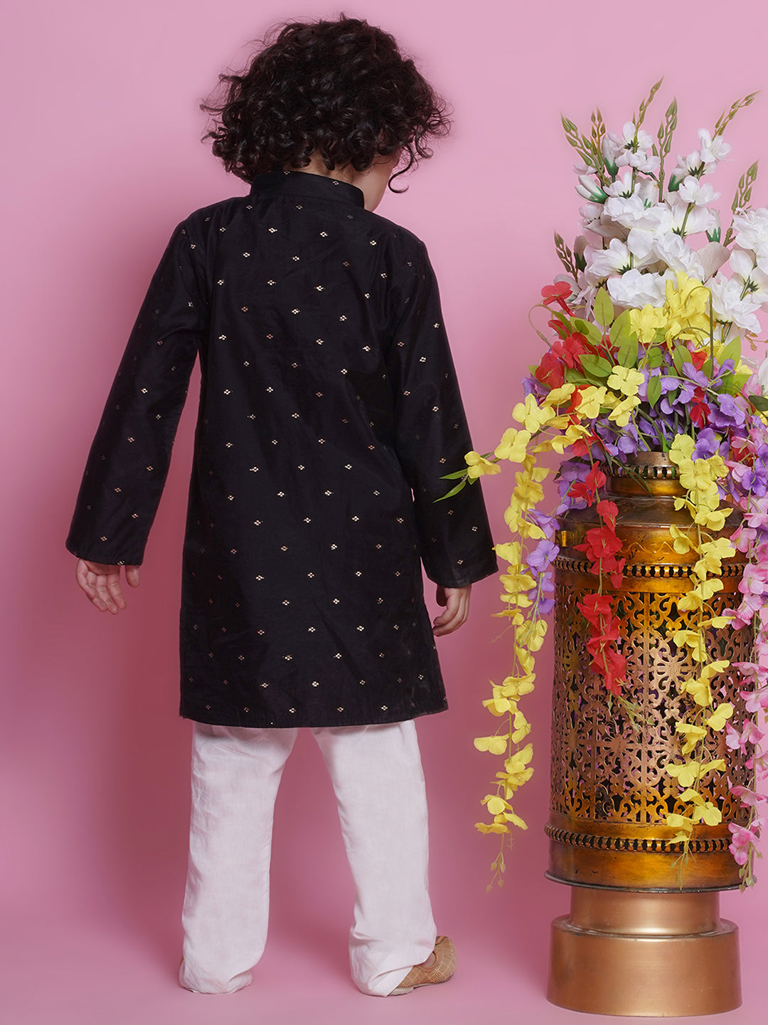Cotton Silk Full Sleeves Zari Embroidered Kurta with Pyjama -Black | SHOBITAM
