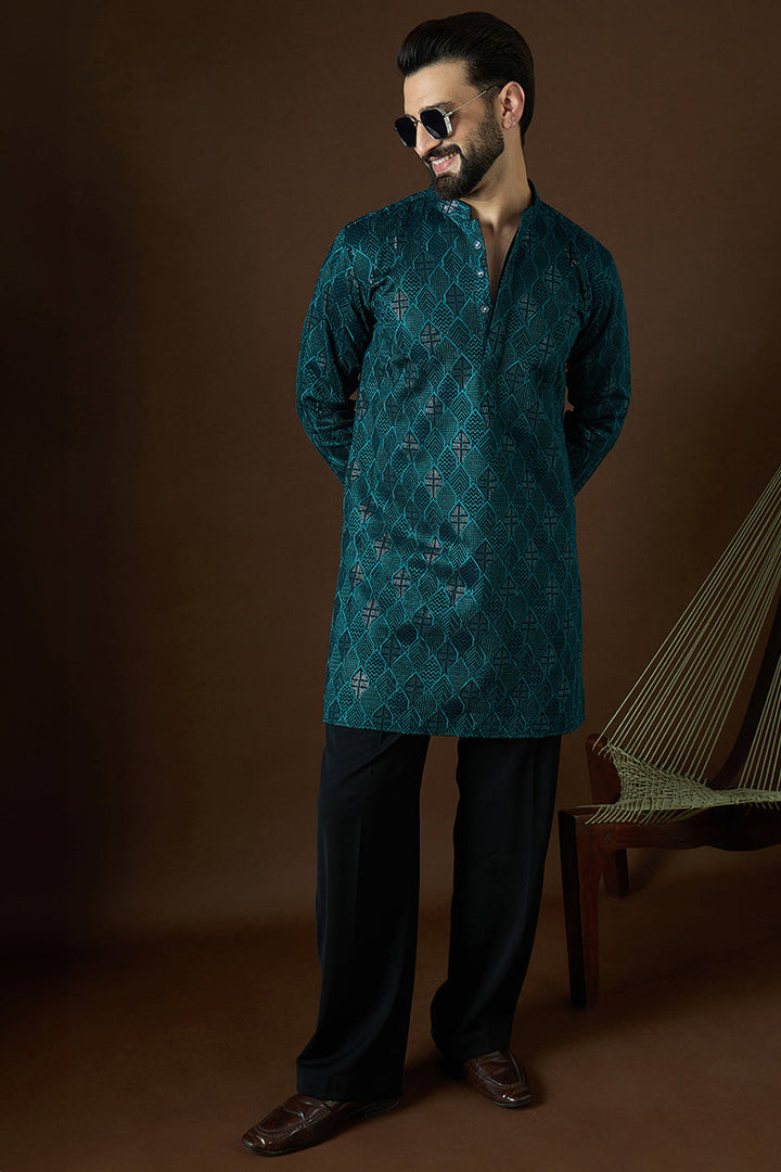 Teal Georgette Solid Embroidered Straight Kurta Sets | SHOBITAM