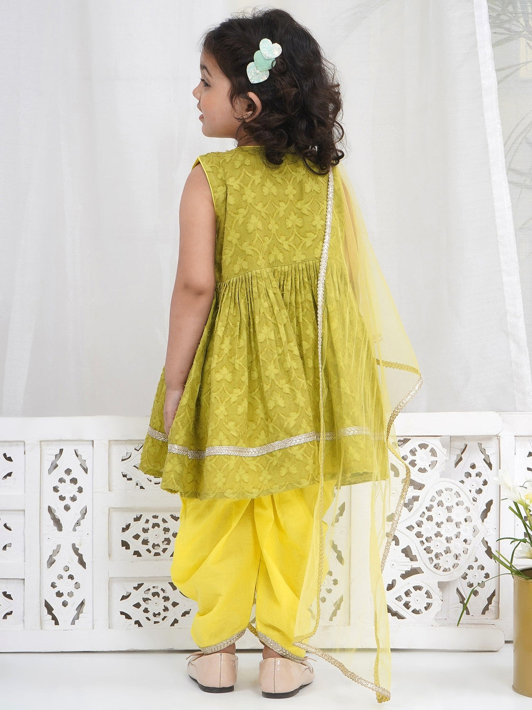 Girls Cotton Sleeveless Floral Self Weaving Kurta with Cherry Applique work and Salwar with Dupatta - Green