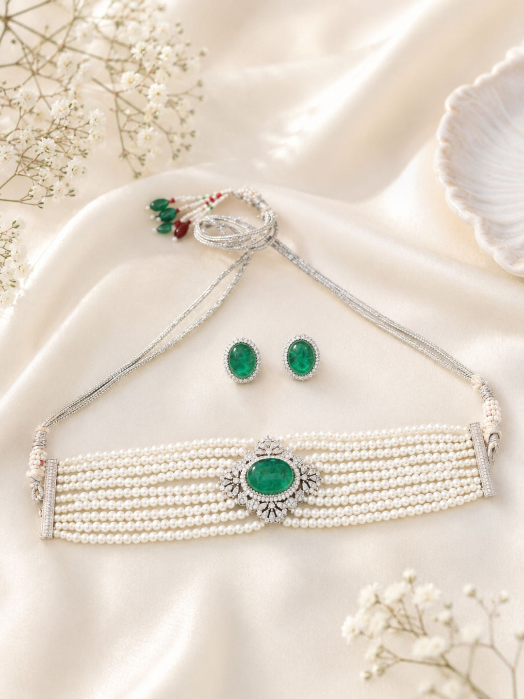 Emerald Pearl Choker Necklace Set in Silver Plating | SHOBITAM