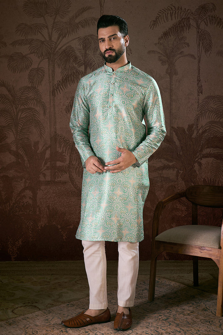 Turquoise Blue Silk Blend Abstract Printed Straight Kurta With Trouser | SHOBITAM