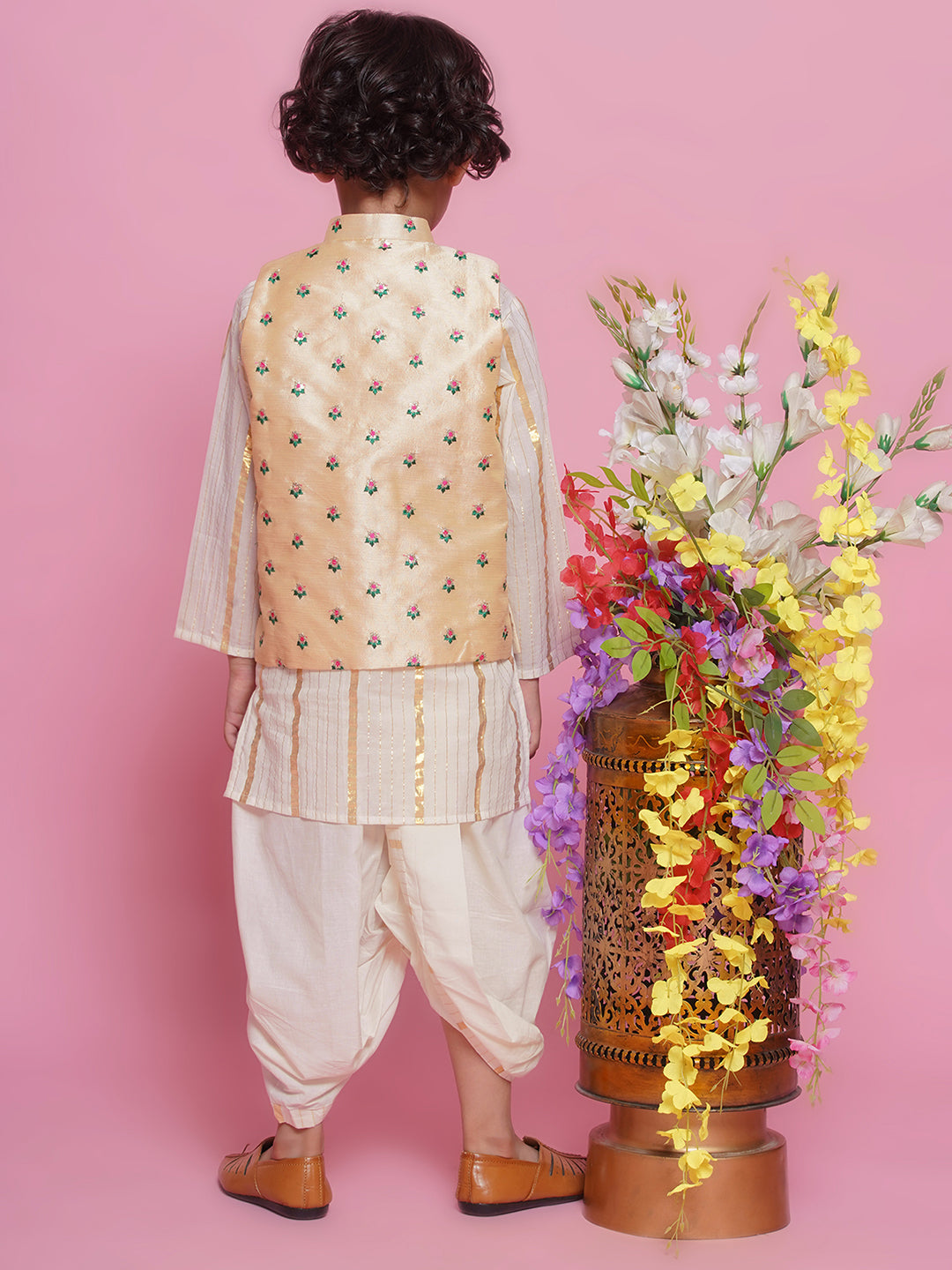 Cotton Full Sleeves Kurta with Floral Embroidery Nehru Jacket and Dhoti -Cream | SHOBITAM