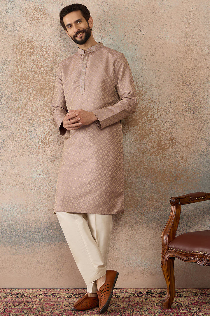 Mens Taupe Jacquard Ethnic Motifs Embroidered Kurta | SHOBITAM