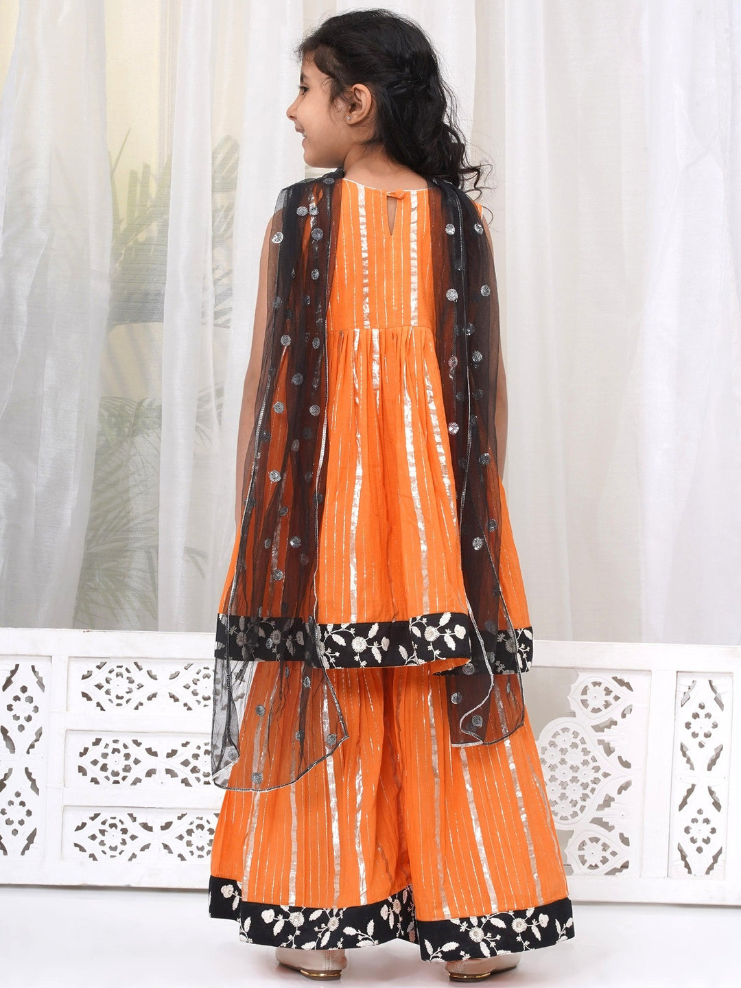 Girls Cotton Sleeveless White Thread Floral Embroidery Kurta Frock with Sharara and Dupatta - Orange | SHOBITAM