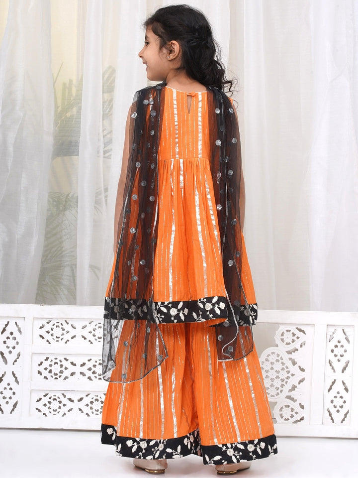 Girls Cotton Sleeveless White Thread Floral Embroidery Kurta Frock with Sharara and Dupatta - Orange | SHOBITAM