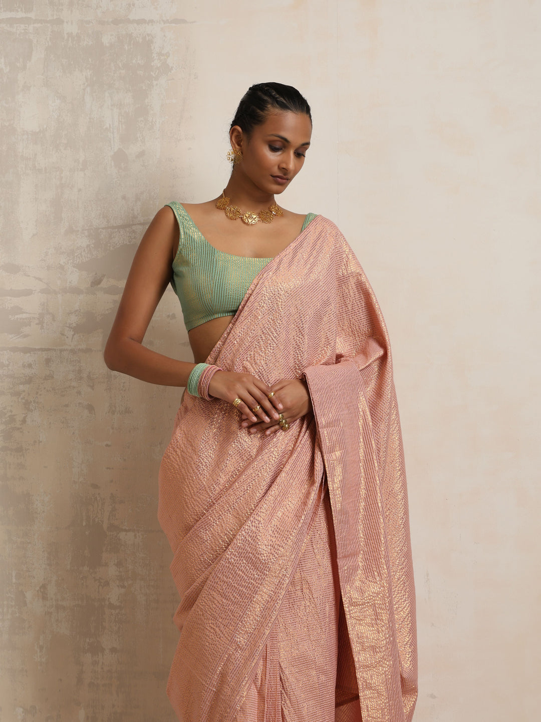 Pink Gold Lurex Saree | SHOBITAM