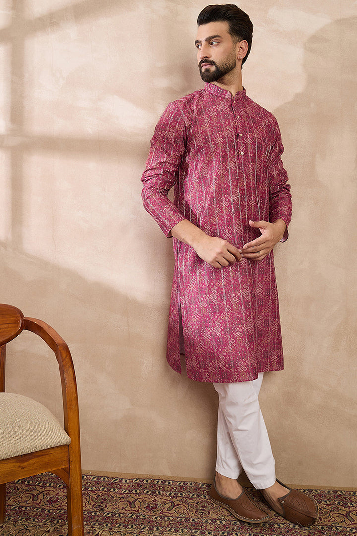 Pink Silk Blend Ethnic Motifs Printed Straight Kurta With Trouser | SHOBITAM